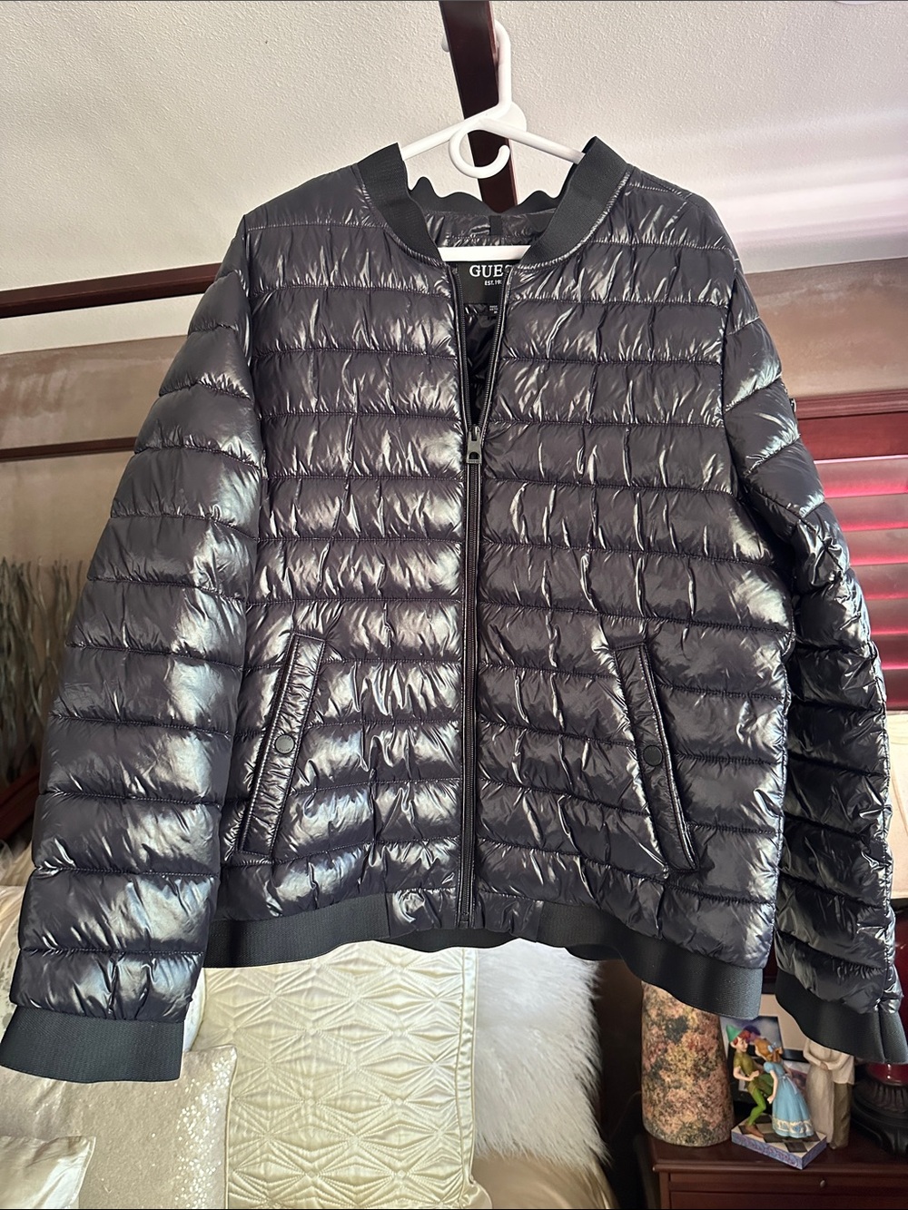 GUESS Shiny Black Quilted Bomber Jacket